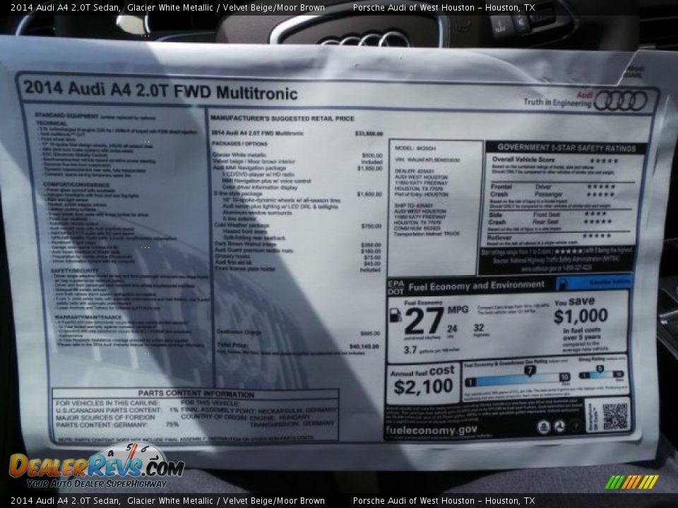 2014 Audi A4 2.0T Sedan Glacier White Metallic / Velvet Beige/Moor Brown Photo #31