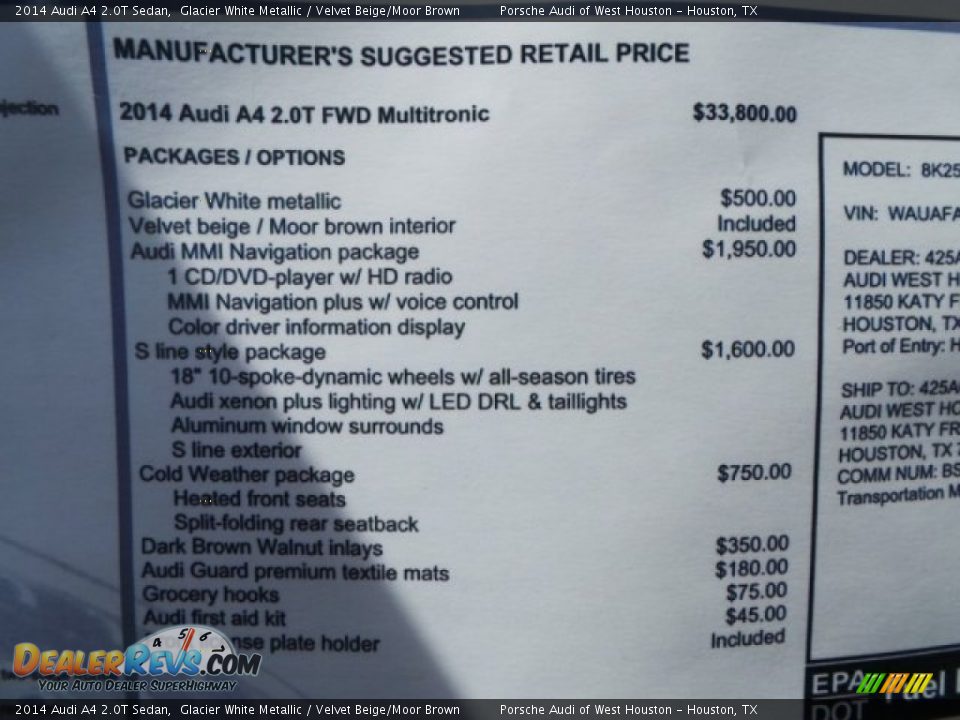 2014 Audi A4 2.0T Sedan Glacier White Metallic / Velvet Beige/Moor Brown Photo #32