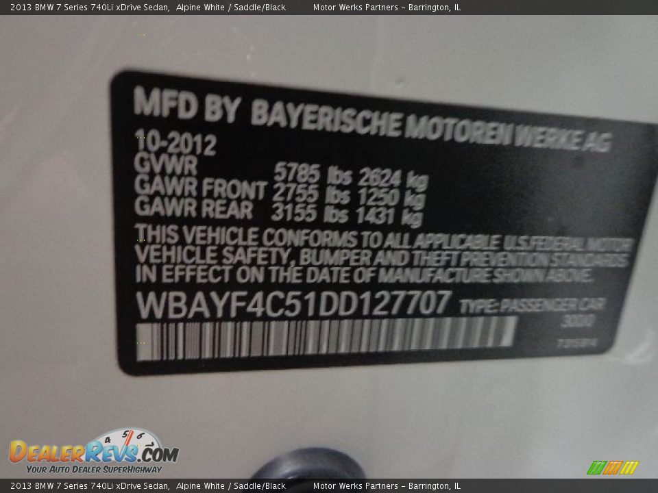 2013 BMW 7 Series 740Li xDrive Sedan Alpine White / Saddle/Black Photo #15