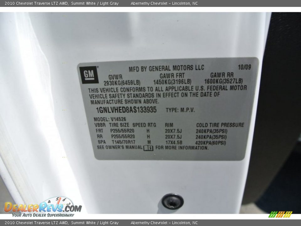 2010 Chevrolet Traverse LTZ AWD Summit White / Light Gray Photo #7
