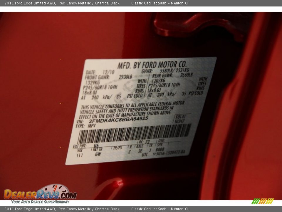 2011 Ford Edge Limited AWD Red Candy Metallic / Charcoal Black Photo #36