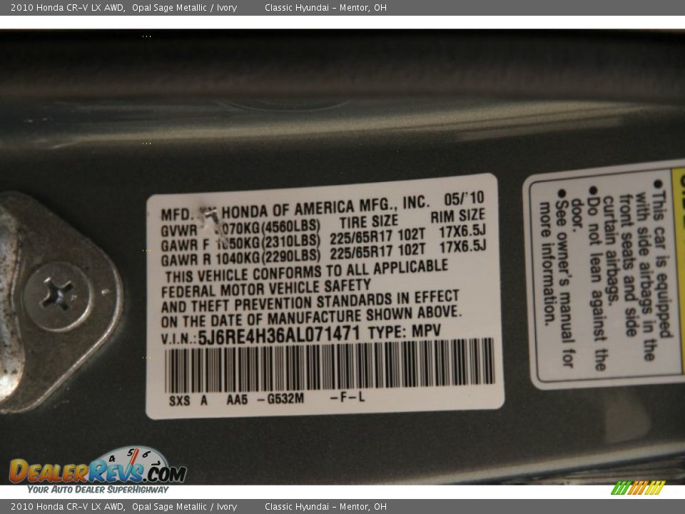 2010 Honda CR-V LX AWD Opal Sage Metallic / Ivory Photo #17