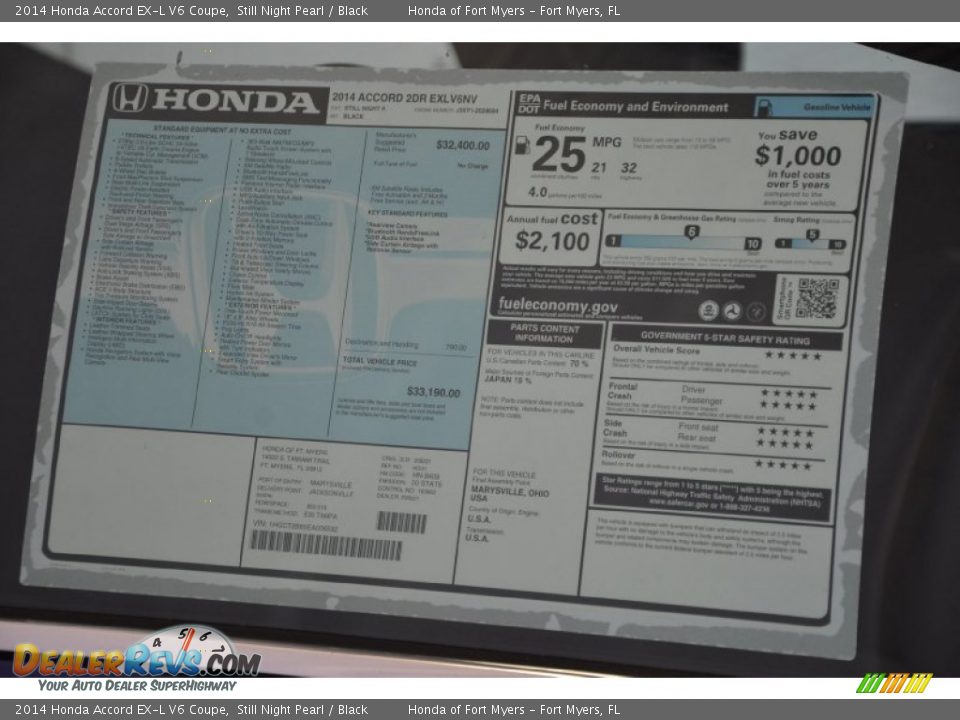 2014 Honda Accord EX-L V6 Coupe Still Night Pearl / Black Photo #5