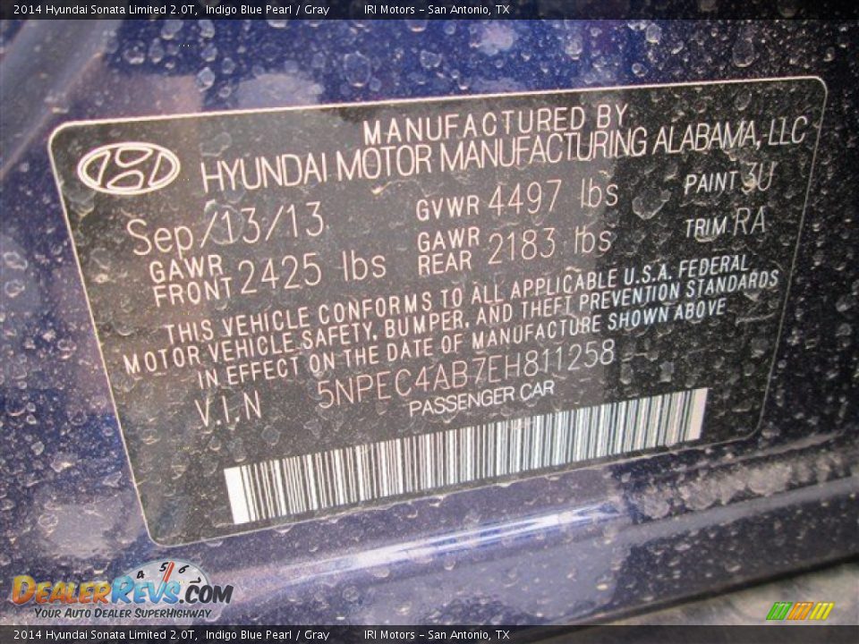 2014 Hyundai Sonata Limited 2.0T Indigo Blue Pearl / Gray Photo #14