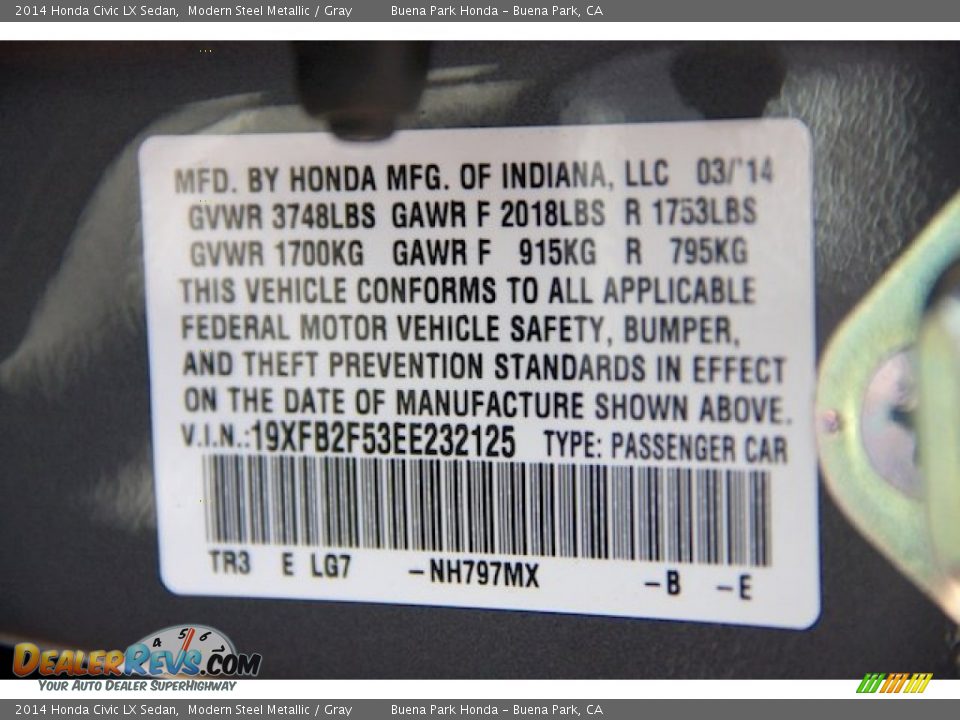 2014 Honda Civic LX Sedan Modern Steel Metallic / Gray Photo #20