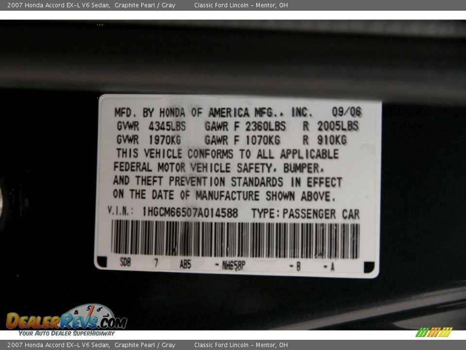 2007 Honda Accord EX-L V6 Sedan Graphite Pearl / Gray Photo #15