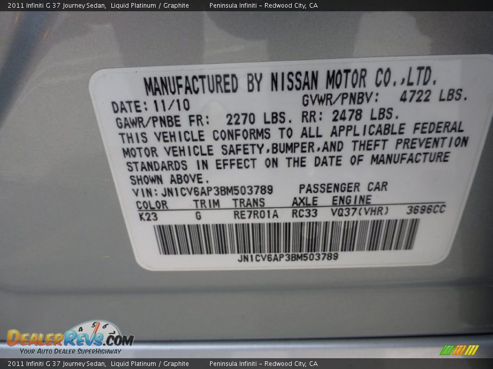 2011 Infiniti G 37 Journey Sedan Liquid Platinum / Graphite Photo #17