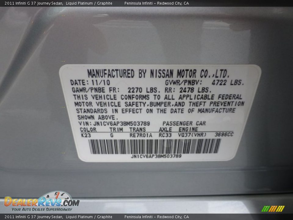 2011 Infiniti G 37 Journey Sedan Liquid Platinum / Graphite Photo #33