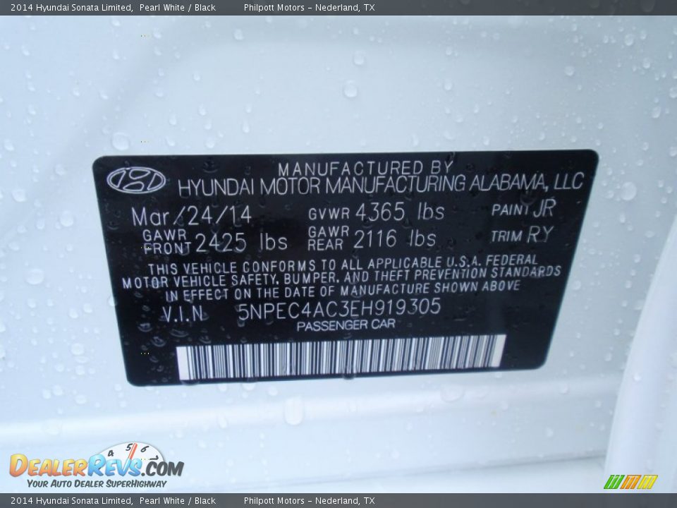 2014 Hyundai Sonata Limited Pearl White / Black Photo #34