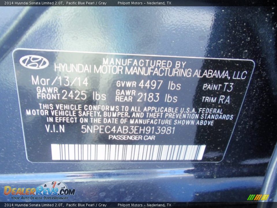 2014 Hyundai Sonata Limited 2.0T Pacific Blue Pearl / Gray Photo #35
