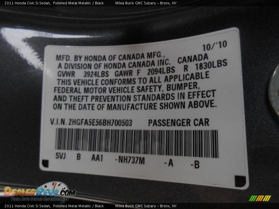 2011 Honda Civic Si Sedan Polished Metal Metallic / Black Photo #16