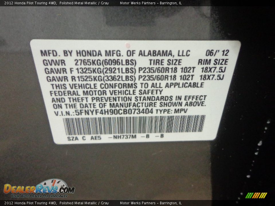 2012 Honda Pilot Touring 4WD Polished Metal Metallic / Gray Photo #19