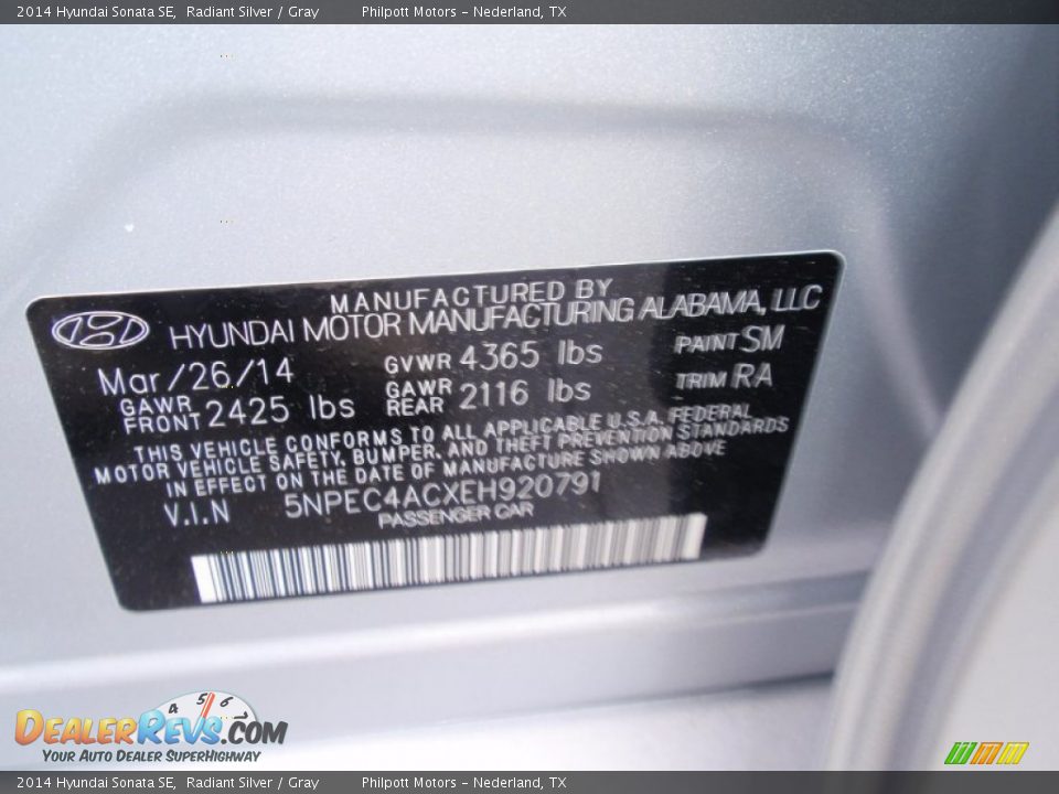 2014 Hyundai Sonata SE Radiant Silver / Gray Photo #35