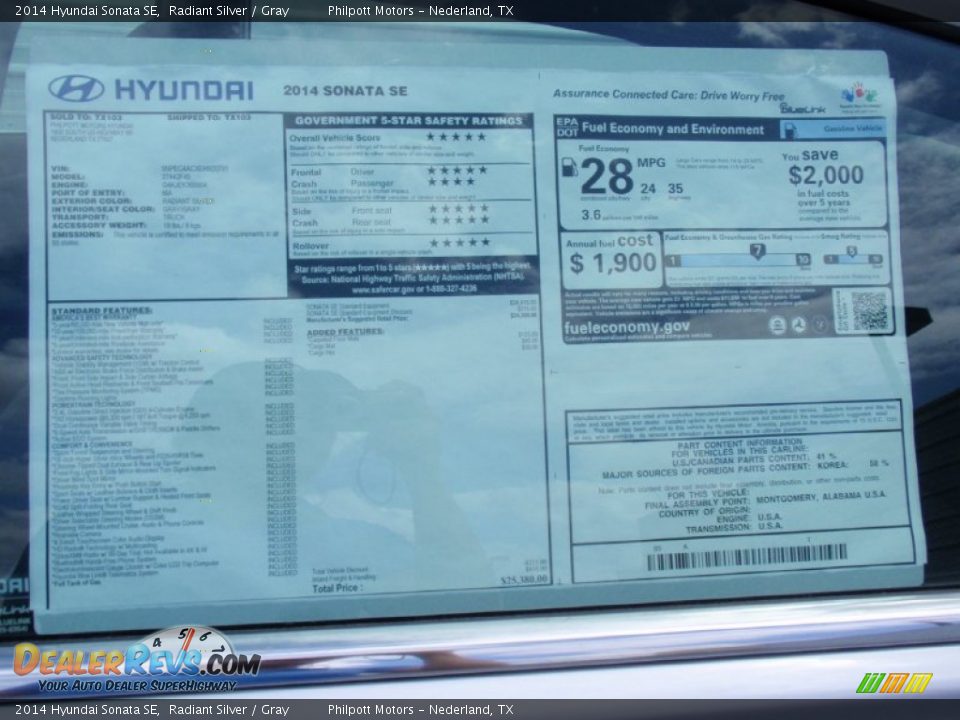 2014 Hyundai Sonata SE Radiant Silver / Gray Photo #36