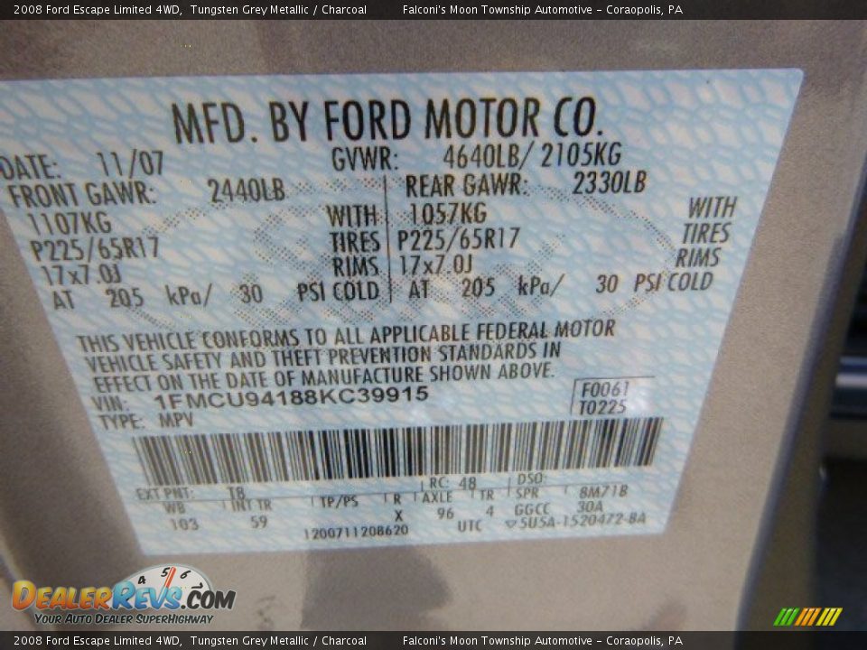 2008 Ford Escape Limited 4WD Tungsten Grey Metallic / Charcoal Photo #24