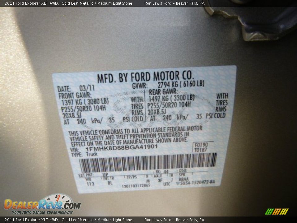 2011 Ford Explorer XLT 4WD Gold Leaf Metallic / Medium Light Stone Photo #20