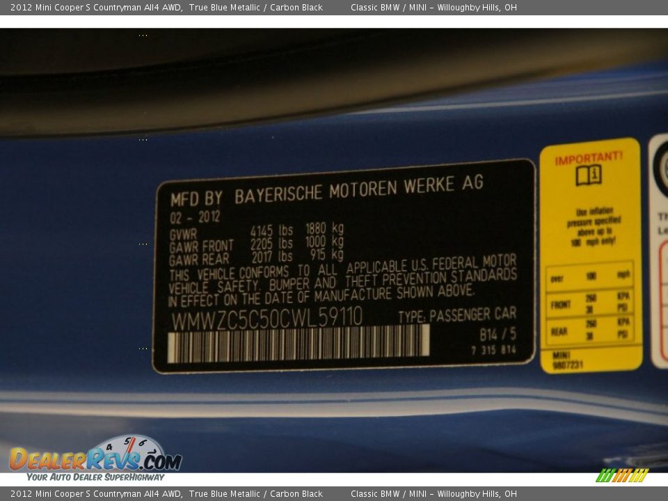 2012 Mini Cooper S Countryman All4 AWD True Blue Metallic / Carbon Black Photo #23