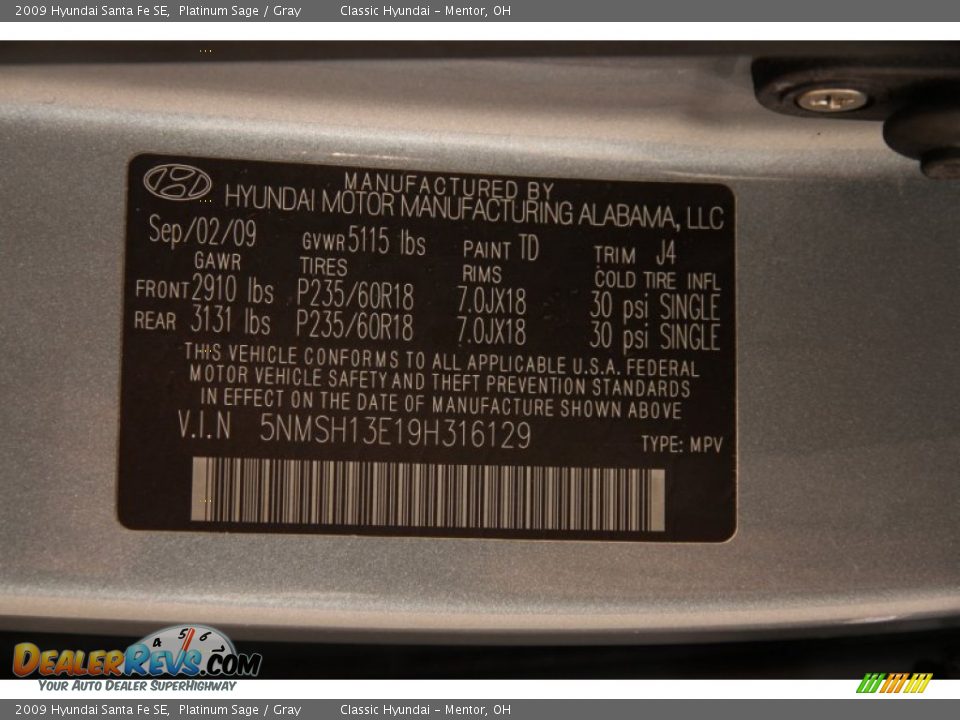 2009 Hyundai Santa Fe SE Platinum Sage / Gray Photo #17