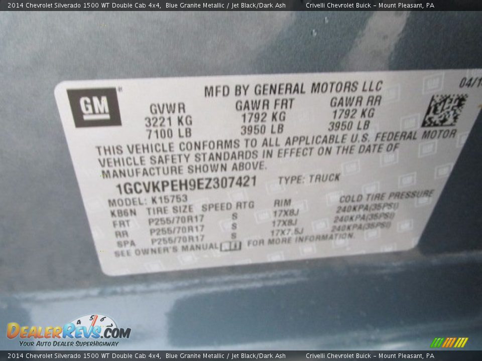 2014 Chevrolet Silverado 1500 WT Double Cab 4x4 Blue Granite Metallic / Jet Black/Dark Ash Photo #15