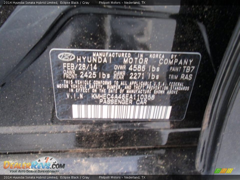 2014 Hyundai Sonata Hybrid Limited Eclipse Black / Gray Photo #35
