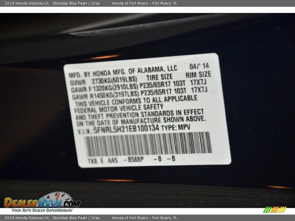 2014 Honda Odyssey LX Obsidian Blue Pearl / Gray Photo #21