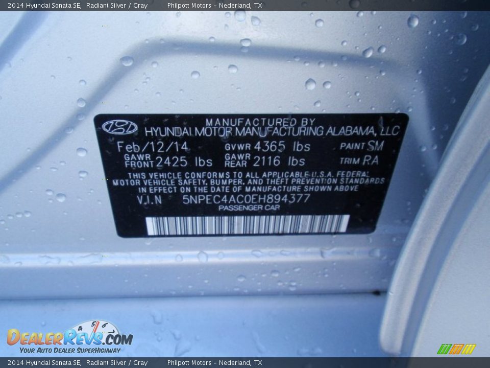2014 Hyundai Sonata SE Radiant Silver / Gray Photo #34
