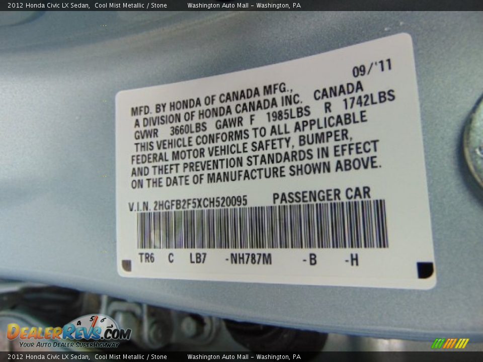 2012 Honda Civic LX Sedan Cool Mist Metallic / Stone Photo #19