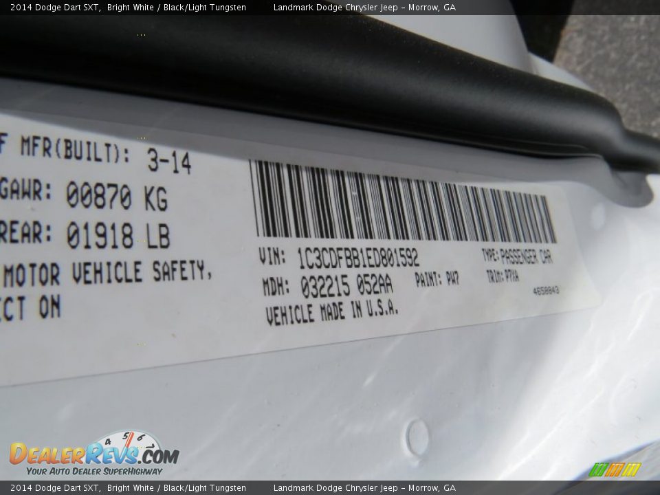 2014 Dodge Dart SXT Bright White / Black/Light Tungsten Photo #10