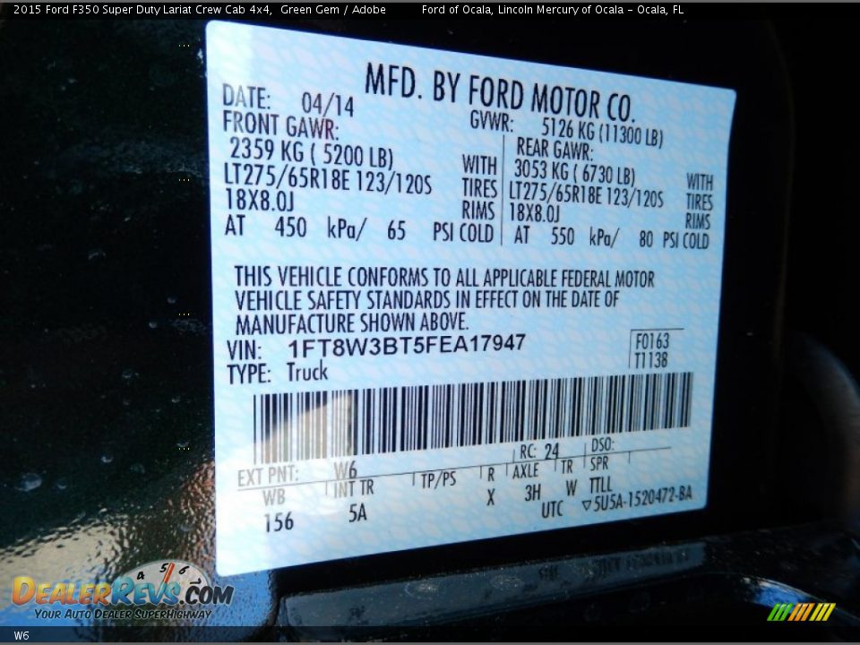 Ford Color Code W6 Green Gem