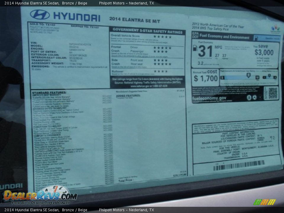 2014 Hyundai Elantra SE Sedan Bronze / Beige Photo #32
