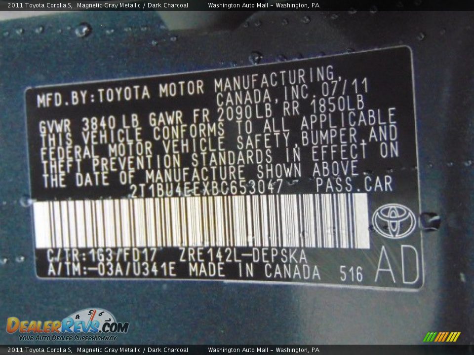 2011 Toyota Corolla S Magnetic Gray Metallic / Dark Charcoal Photo #19
