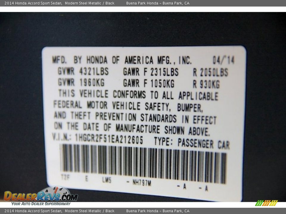 2014 Honda Accord Sport Sedan Modern Steel Metallic / Black Photo #21