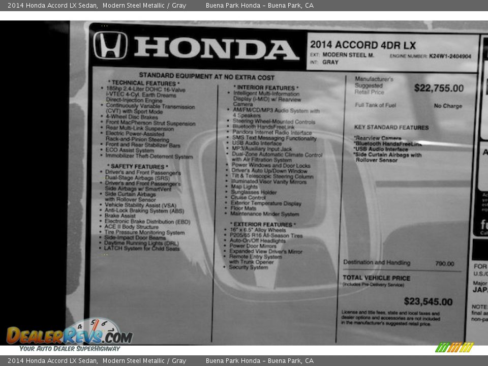 2014 Honda Accord LX Sedan Modern Steel Metallic / Gray Photo #18