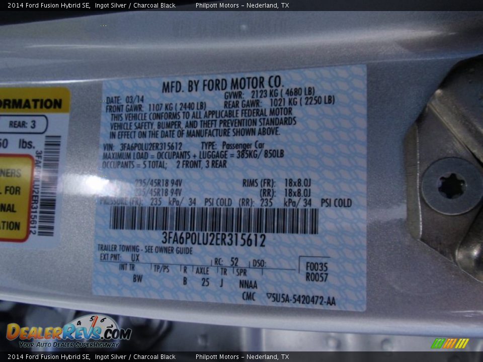 2014 Ford Fusion Hybrid SE Ingot Silver / Charcoal Black Photo #35