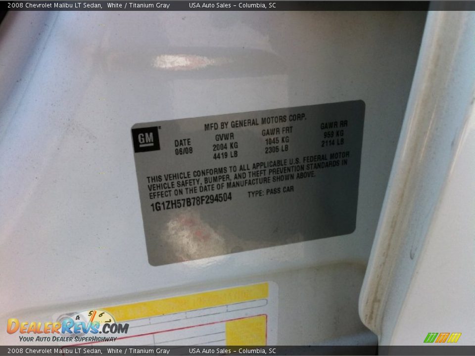 2008 Chevrolet Malibu LT Sedan White / Titanium Gray Photo #20