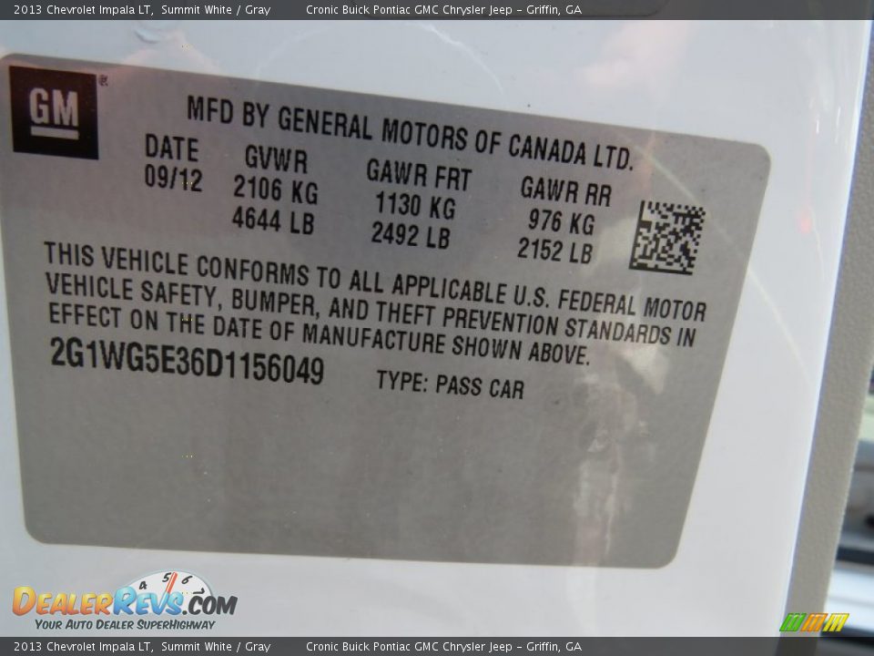 2013 Chevrolet Impala LT Summit White / Gray Photo #25