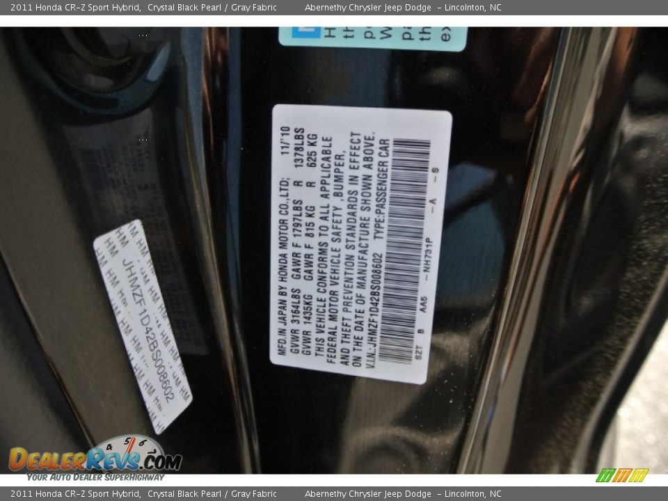 2011 Honda CR-Z Sport Hybrid Crystal Black Pearl / Gray Fabric Photo #7