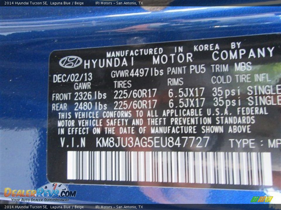 2014 Hyundai Tucson SE Laguna Blue / Beige Photo #12