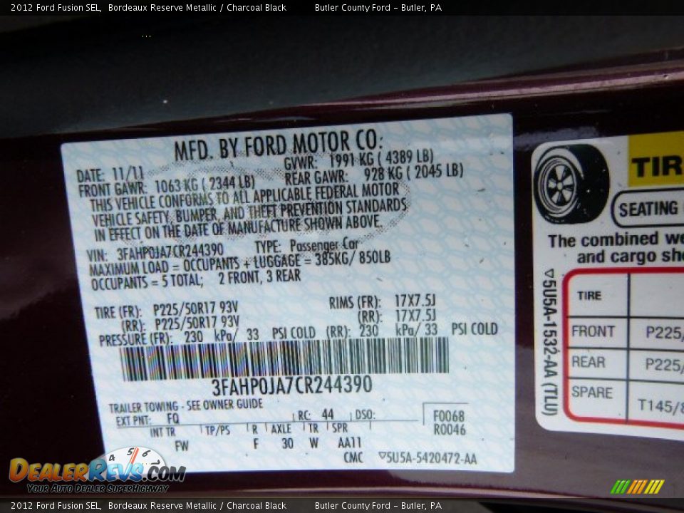 2012 Ford Fusion SEL Bordeaux Reserve Metallic / Charcoal Black Photo #20