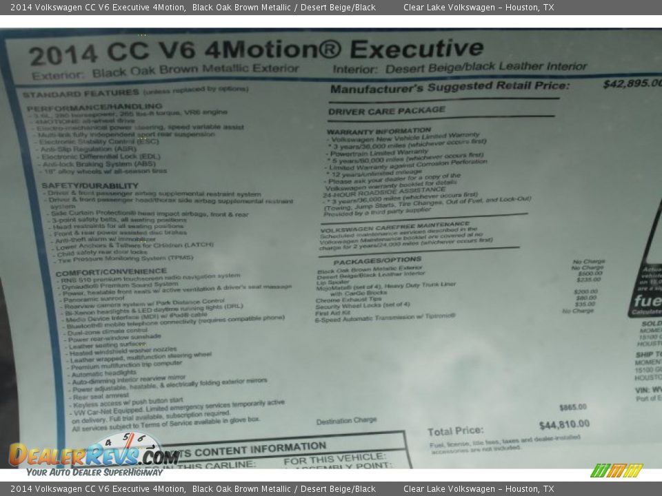 2014 Volkswagen CC V6 Executive 4Motion Window Sticker Photo #31
