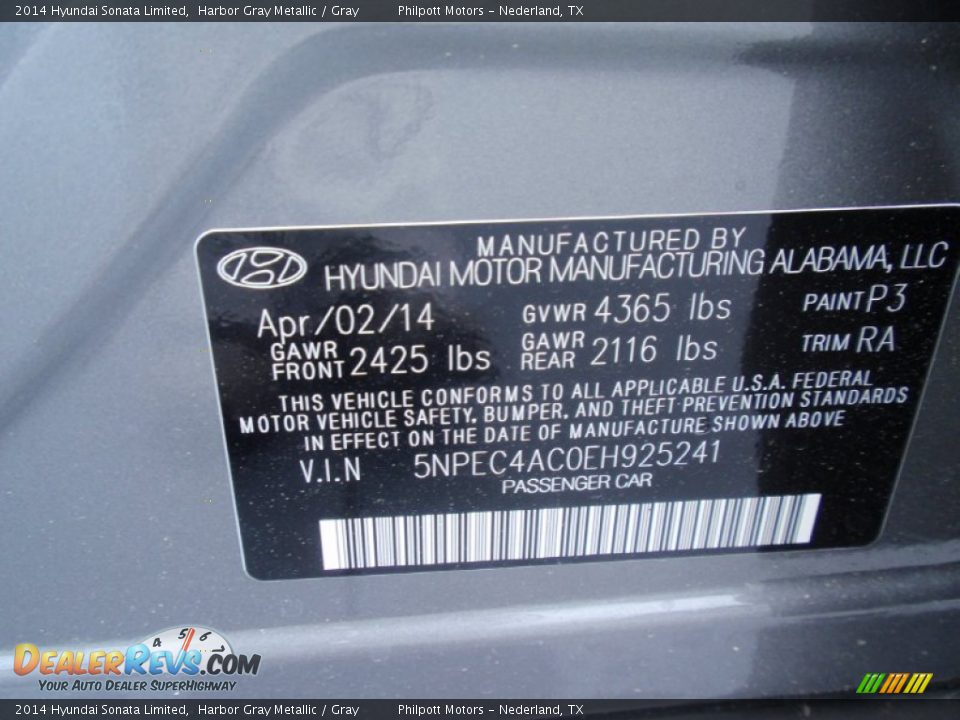 2014 Hyundai Sonata Limited Harbor Gray Metallic / Gray Photo #34