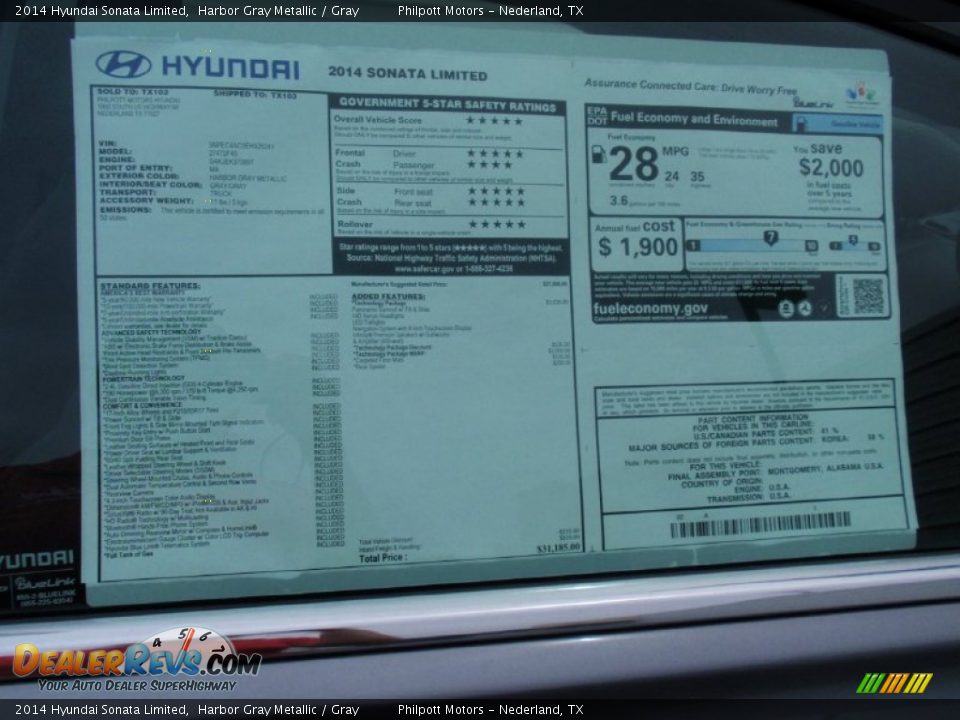 2014 Hyundai Sonata Limited Harbor Gray Metallic / Gray Photo #35