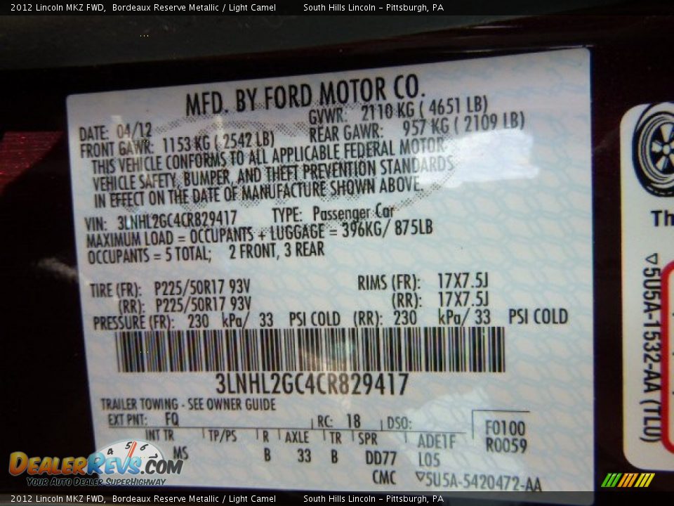 2012 Lincoln MKZ FWD Bordeaux Reserve Metallic / Light Camel Photo #24