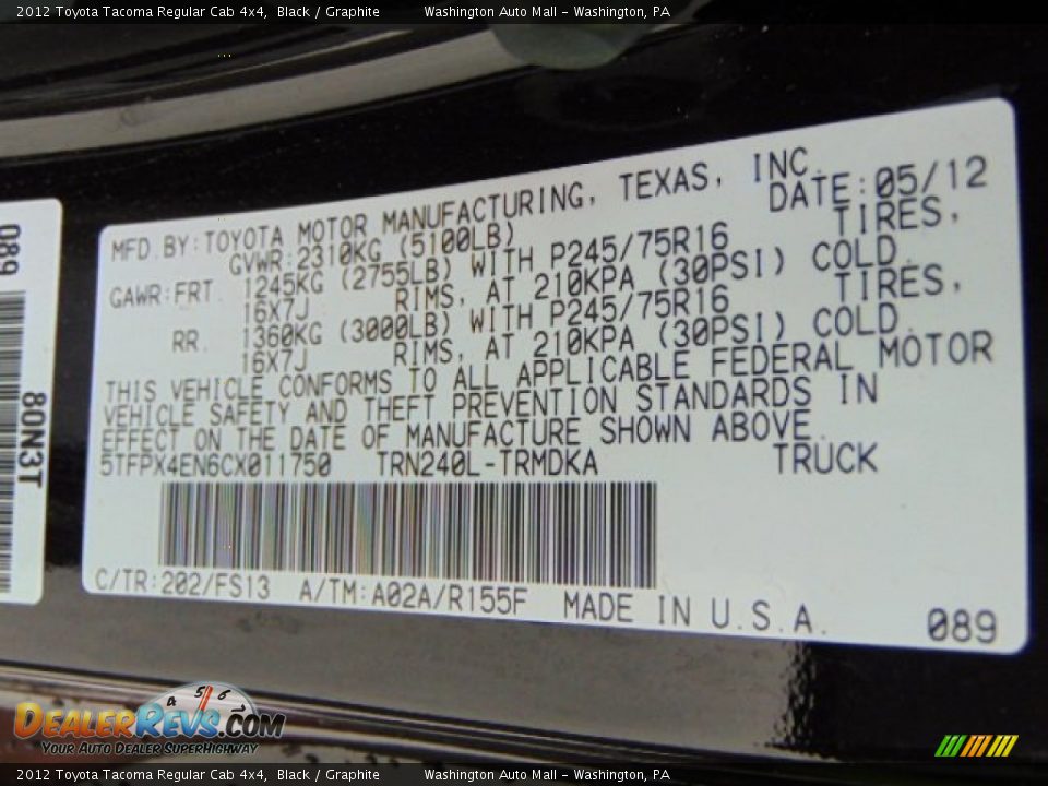 2012 Toyota Tacoma Regular Cab 4x4 Black / Graphite Photo #19