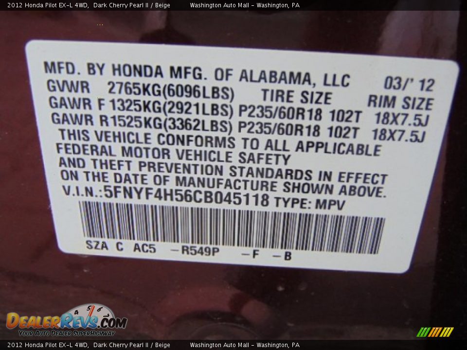 2012 Honda Pilot EX-L 4WD Dark Cherry Pearl II / Beige Photo #19