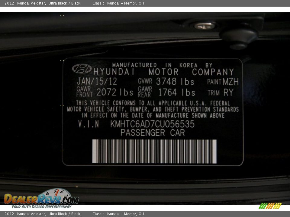 2012 Hyundai Veloster Ultra Black / Black Photo #19