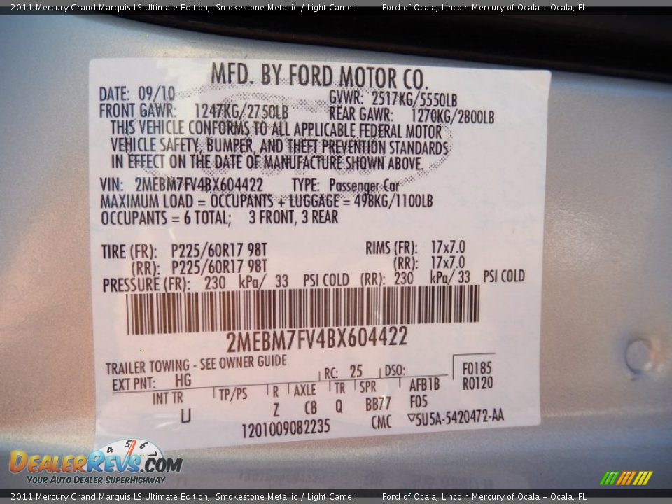 2011 Mercury Grand Marquis LS Ultimate Edition Smokestone Metallic / Light Camel Photo #27