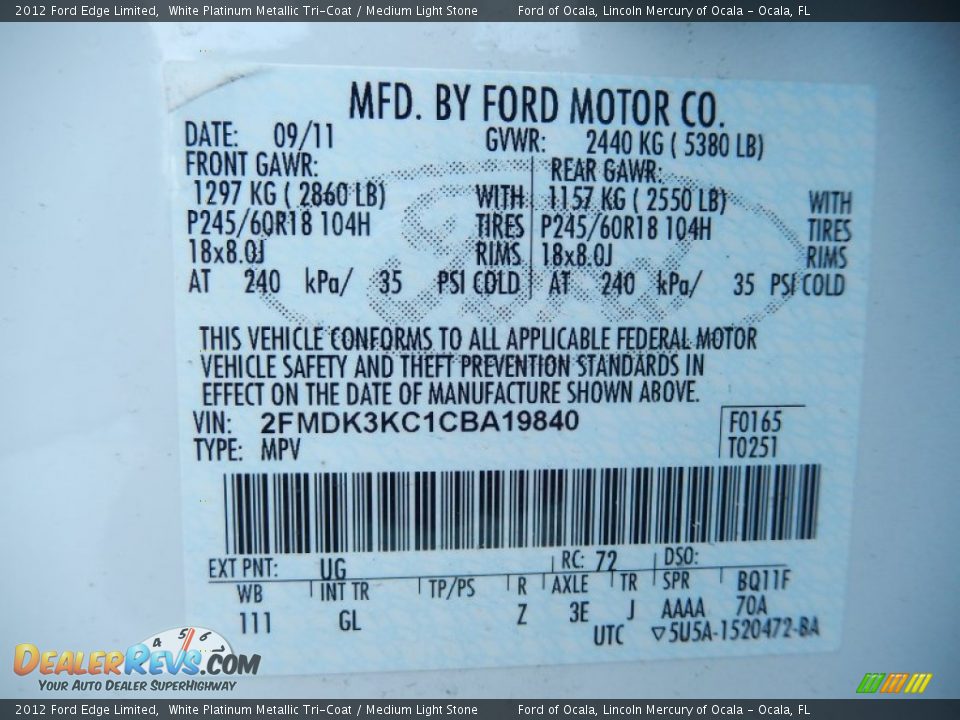 2012 Ford Edge Limited White Platinum Metallic Tri-Coat / Medium Light Stone Photo #26