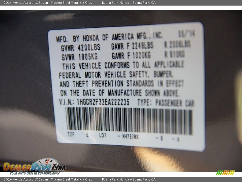 2014 Honda Accord LX Sedan Modern Steel Metallic / Gray Photo #20