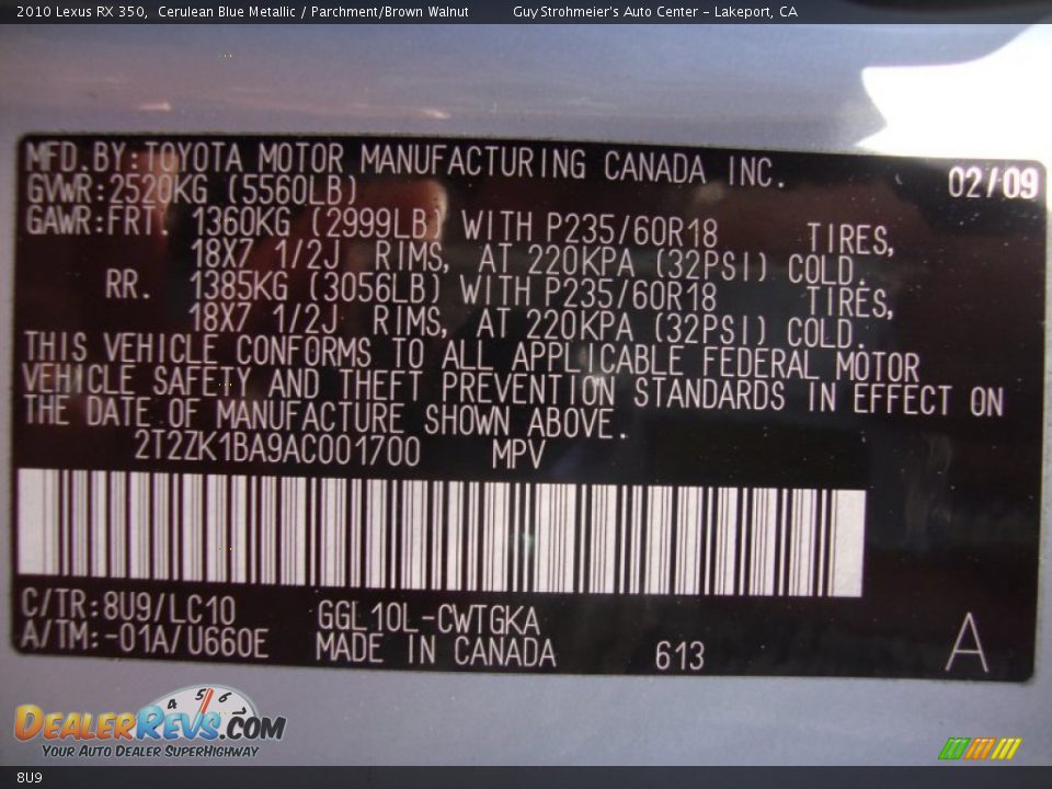 Lexus Color Code 8U9 Cerulean Blue Metallic